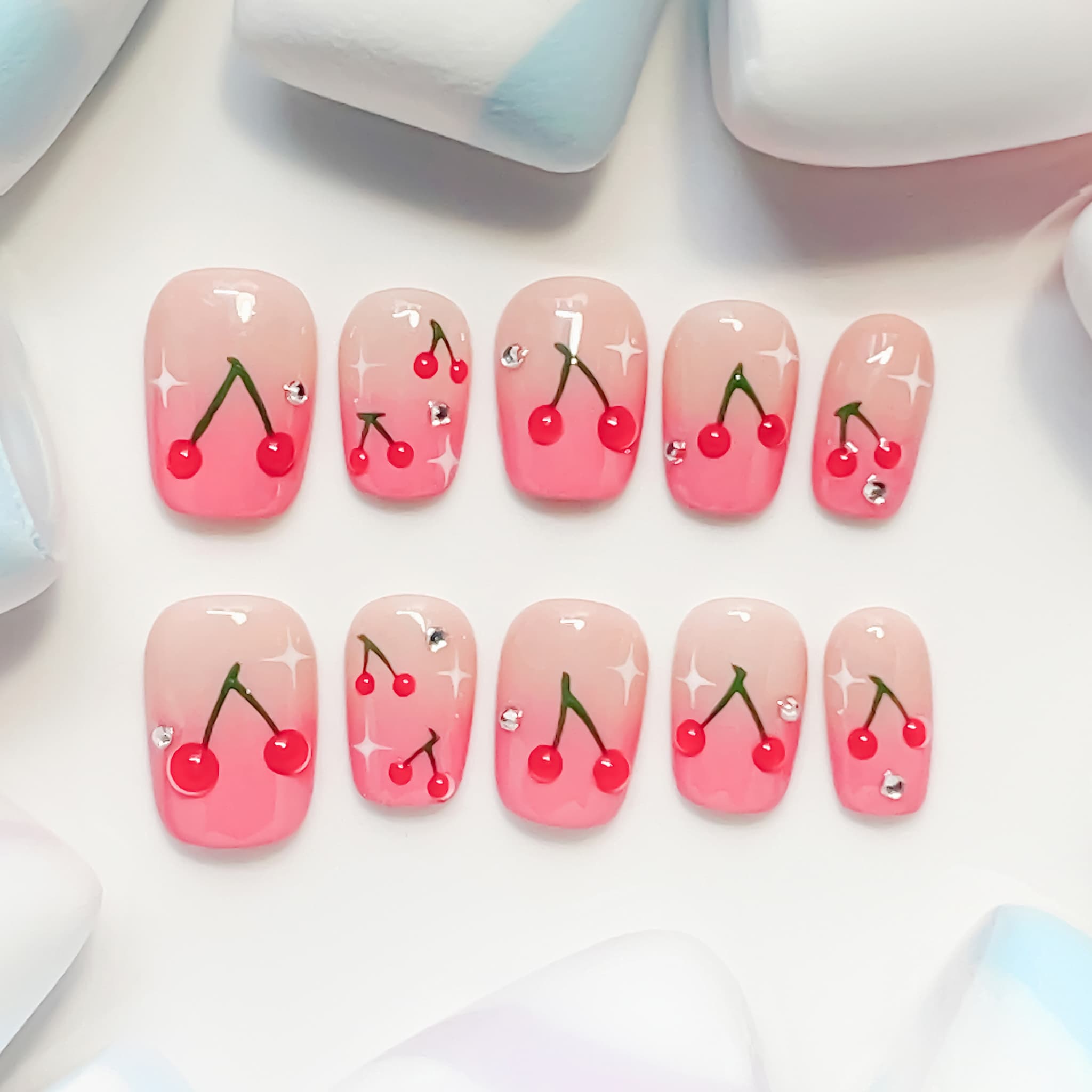 short length hot pink coffin press on nails with cherry designs