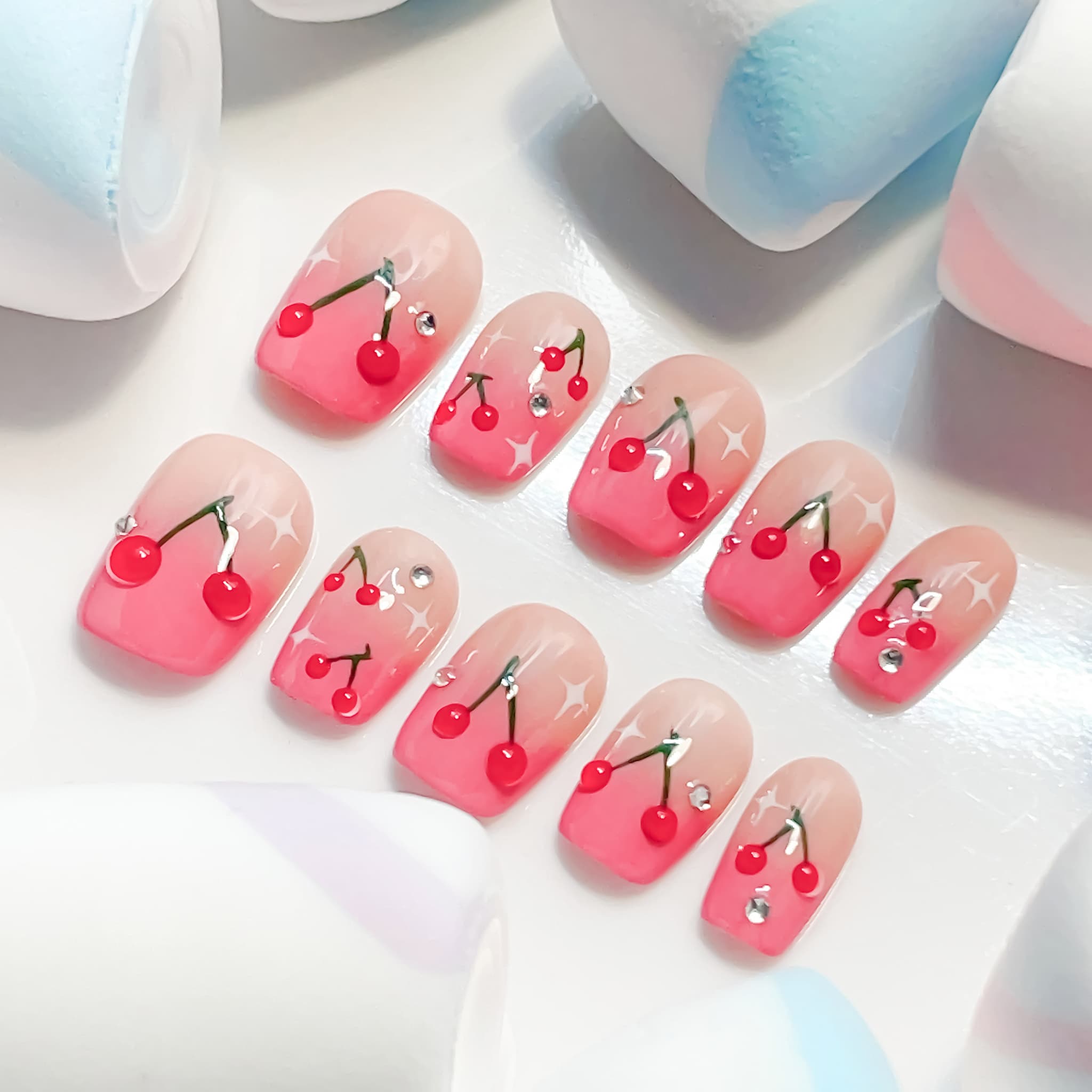 short length hot pink coffin press on nails with cherry designs
