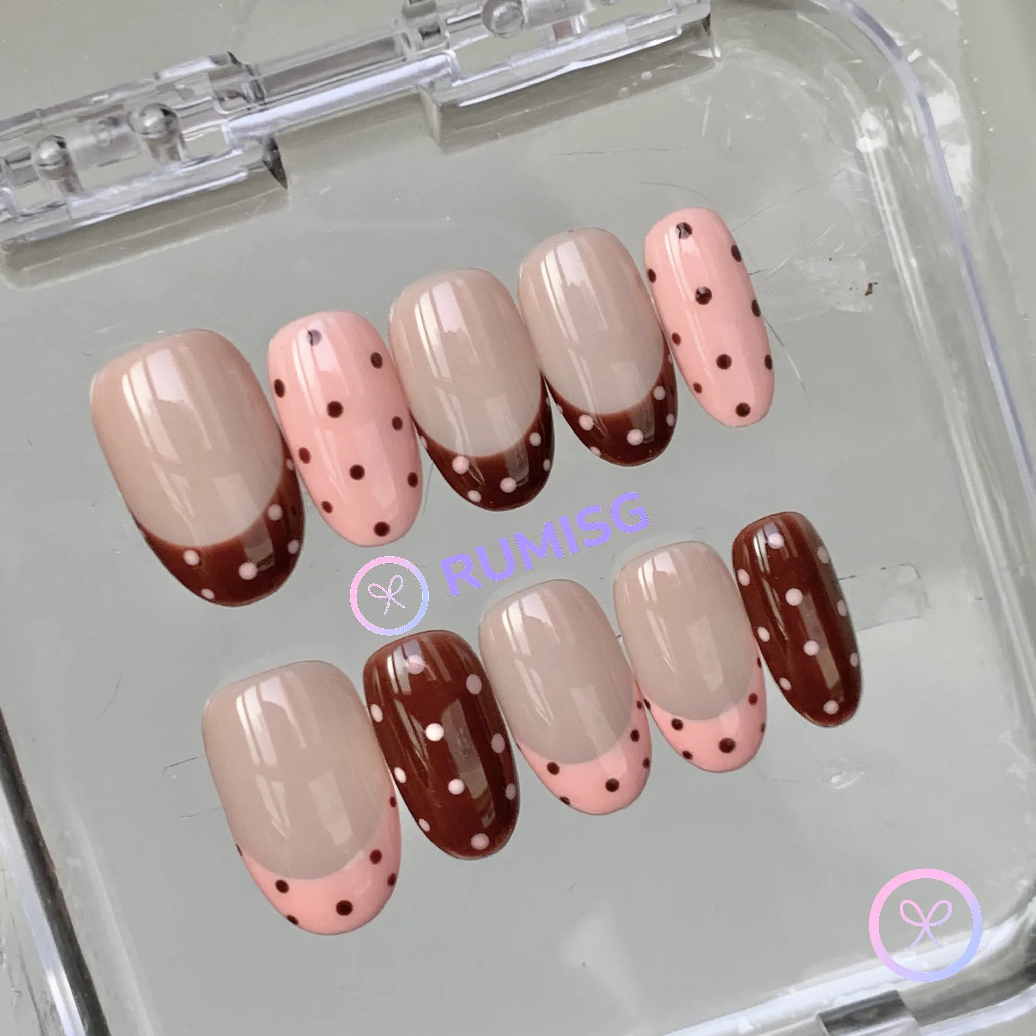  cute nude glossy short oval press on nails with polka dot and french tip