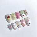 short length misty rose almond press on nails , cute pudding design