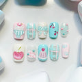 short length light blue coffin press on nails with cupcake and cherry design