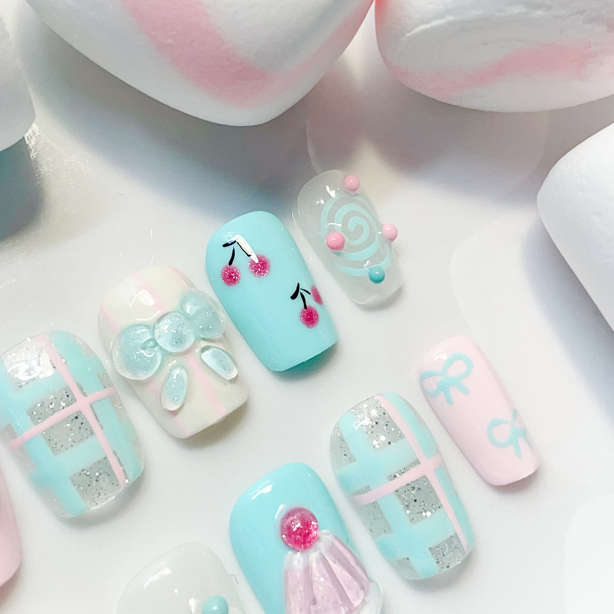 short length light blue coffin press on nails with cupcake and cherry design