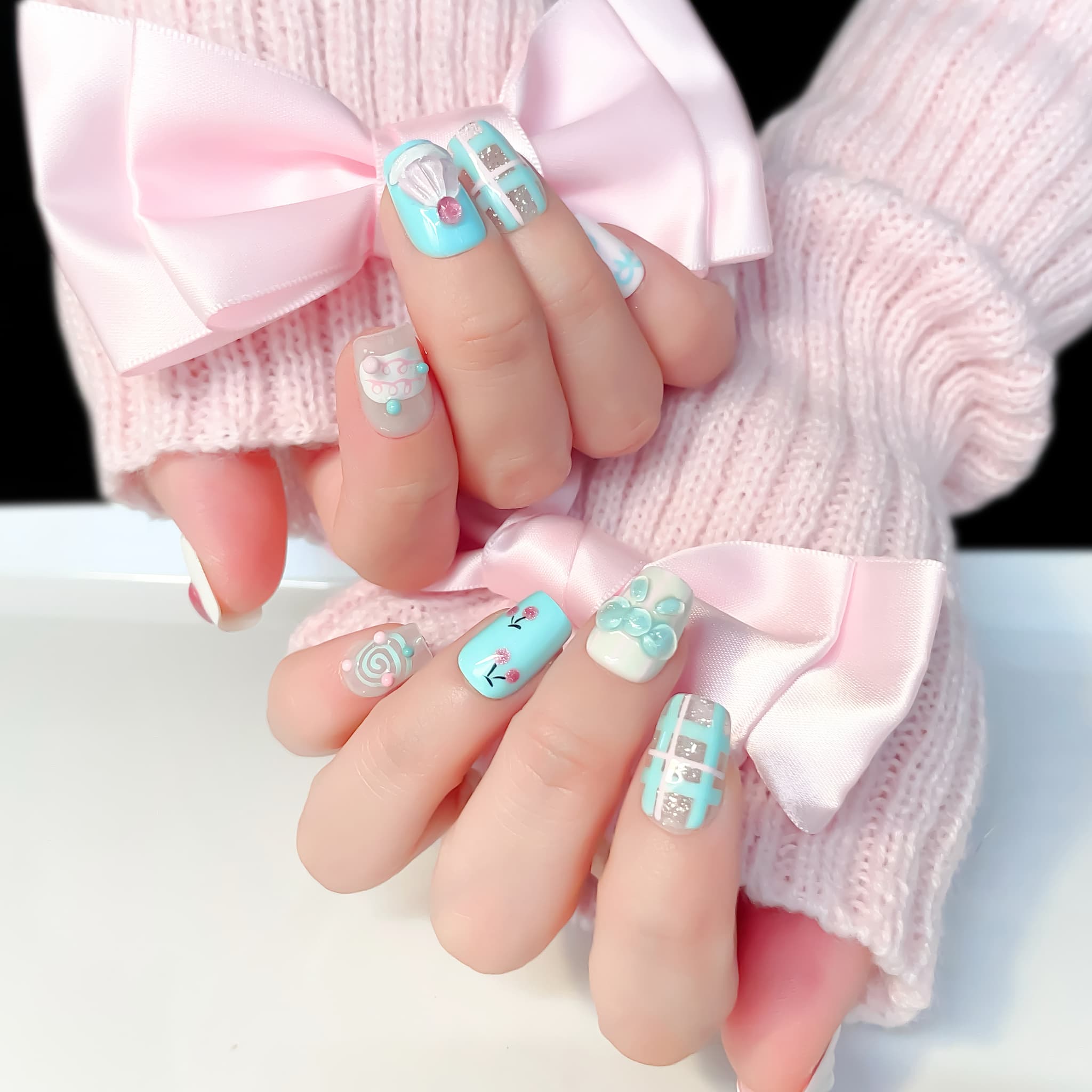 short length light blue coffin press on nails with cupcake and cherry design