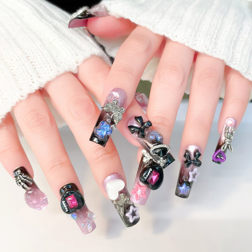 long length black square press on nails with charm designs
