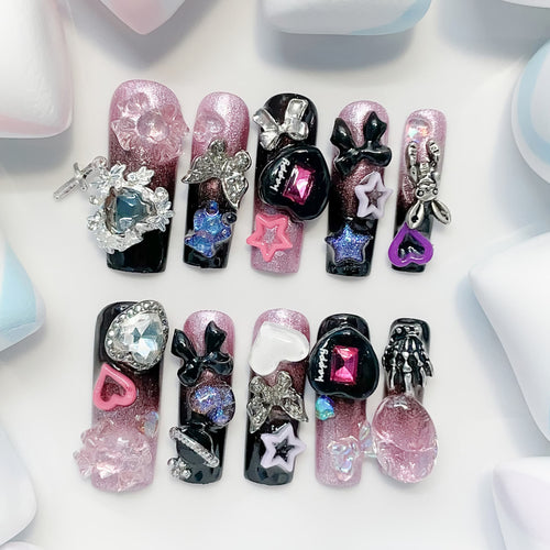 long length black square press on nails with charm designs
