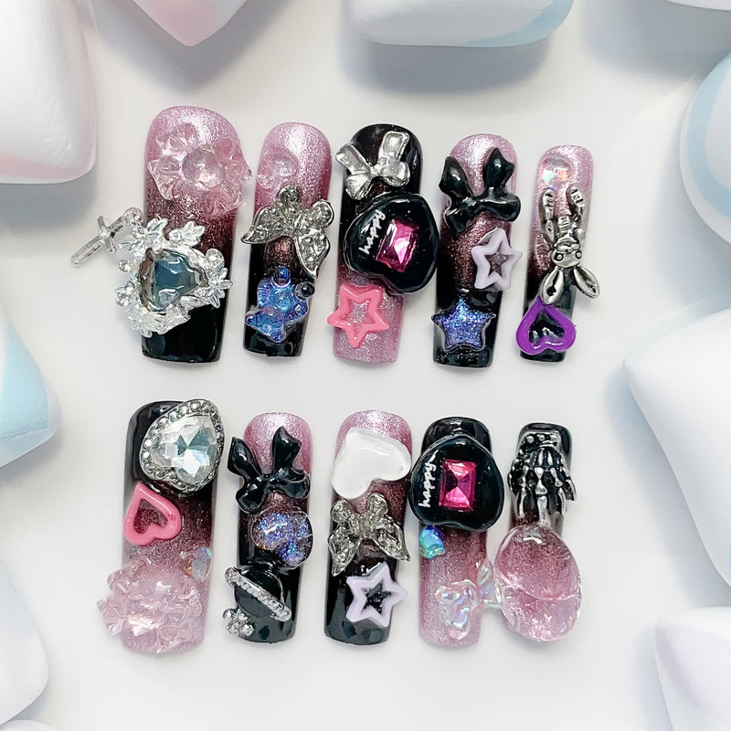 long length black square press on nails with charm designs