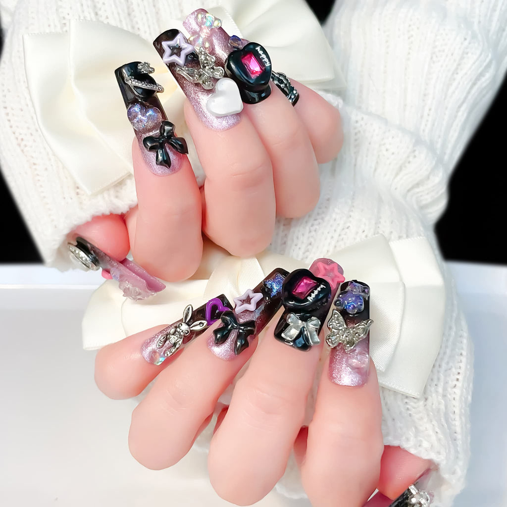 long length black square press on nails with charm designs