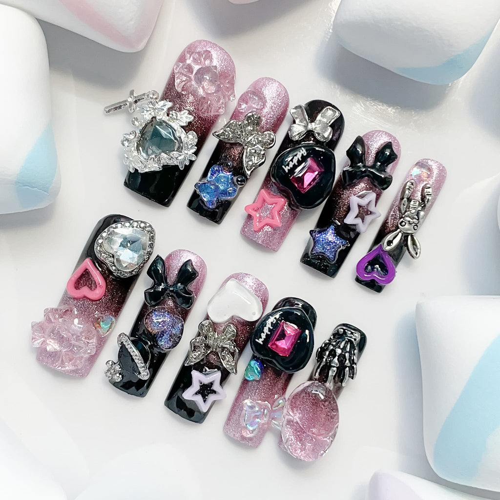 long length black square press on nails with charm designs
