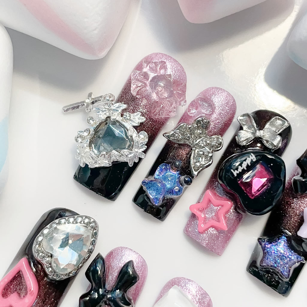 long length black square press on nails with charm designs