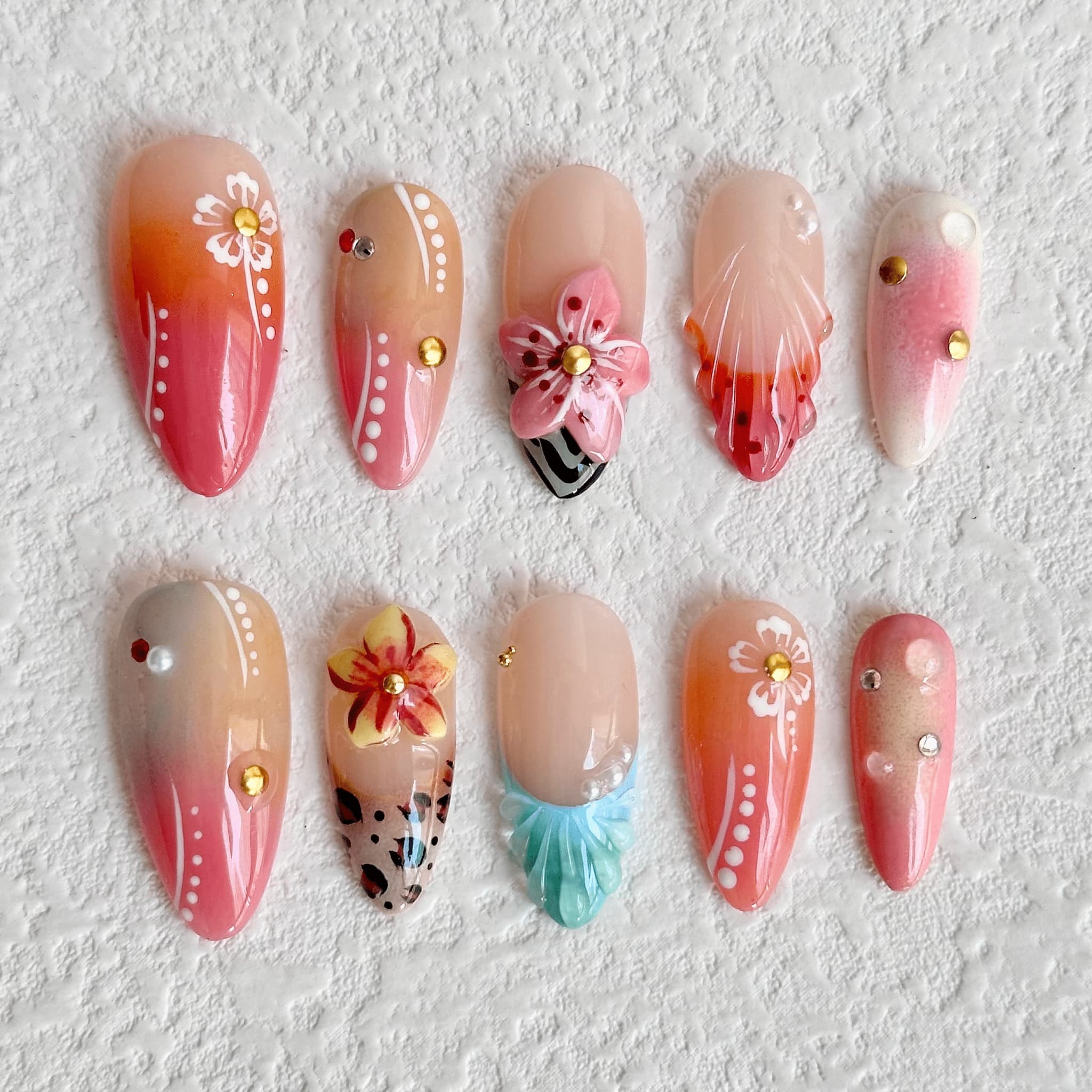 medium tomato almond press on nails with 3d flower designs