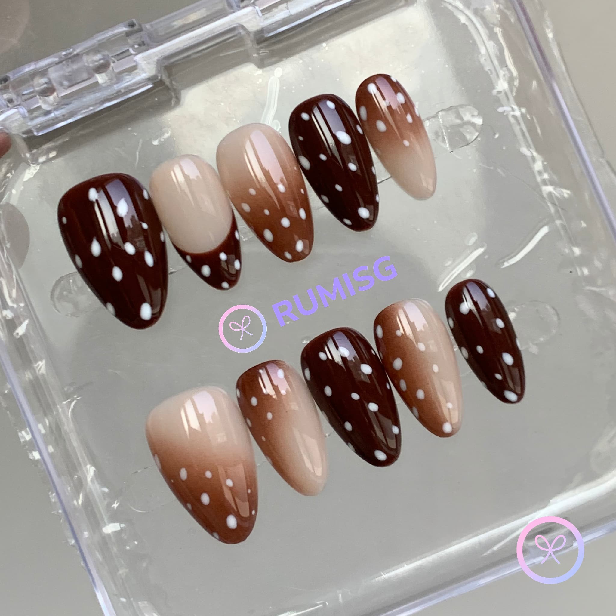 animal print brown glossy short almond press on nails with fawn print and nude gradient