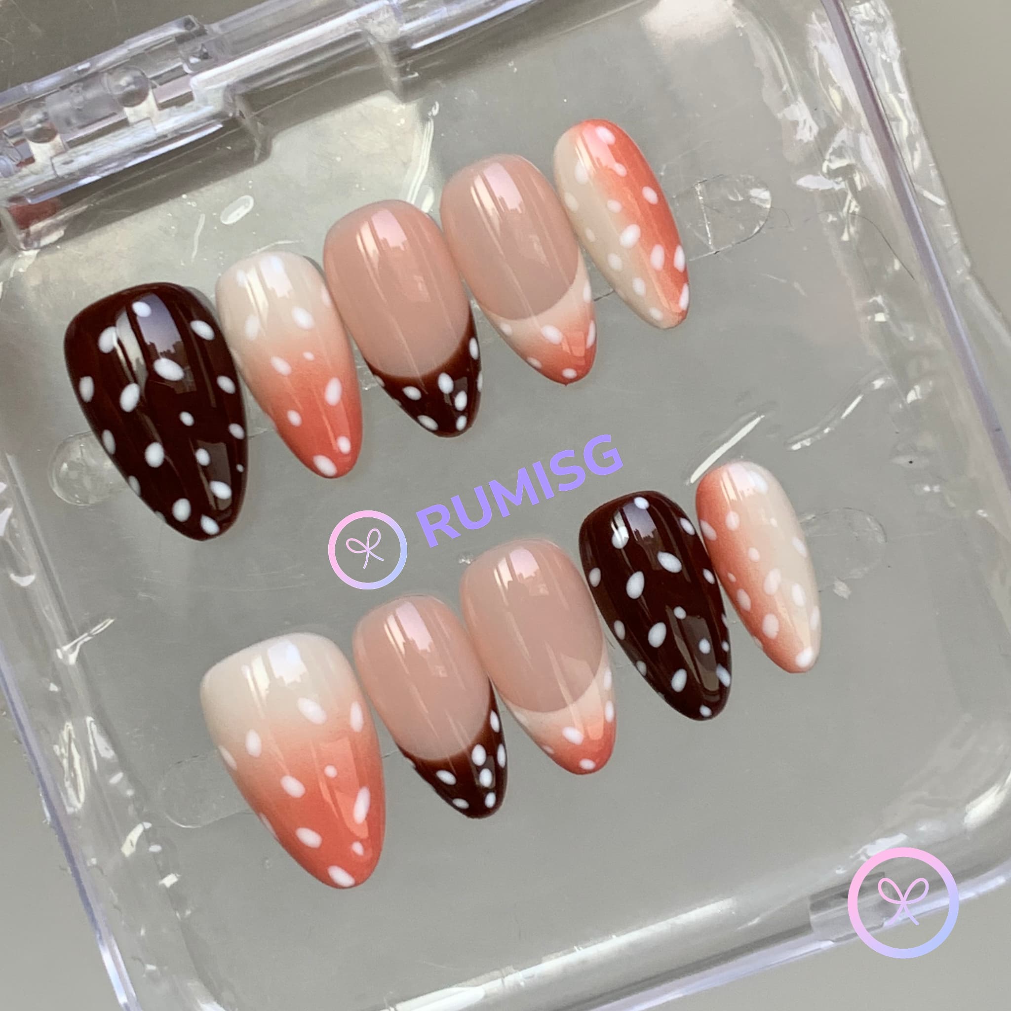 animal print coral glossy short almond  press on nails with fawn print and coral gradient