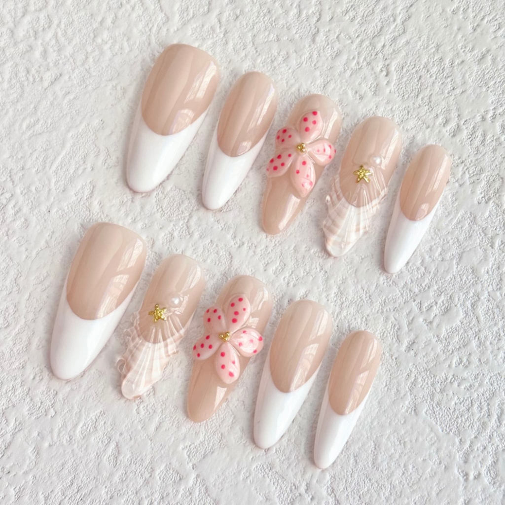 medium length peach puff almond press on nails with floral design