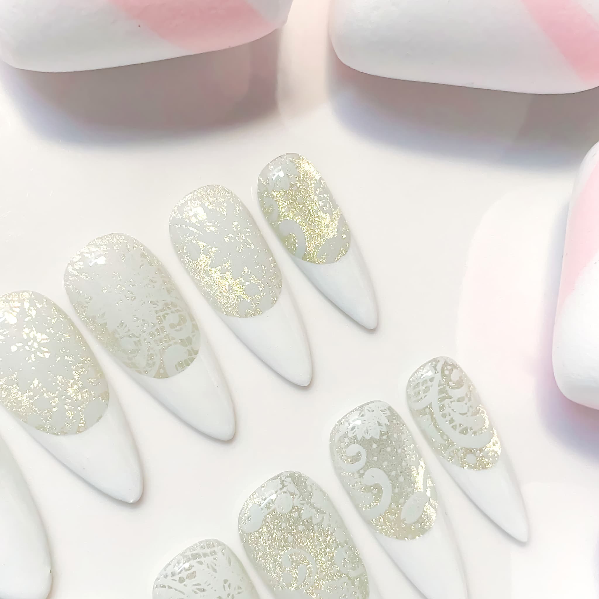 medium length white stiletto press on nails with lace design