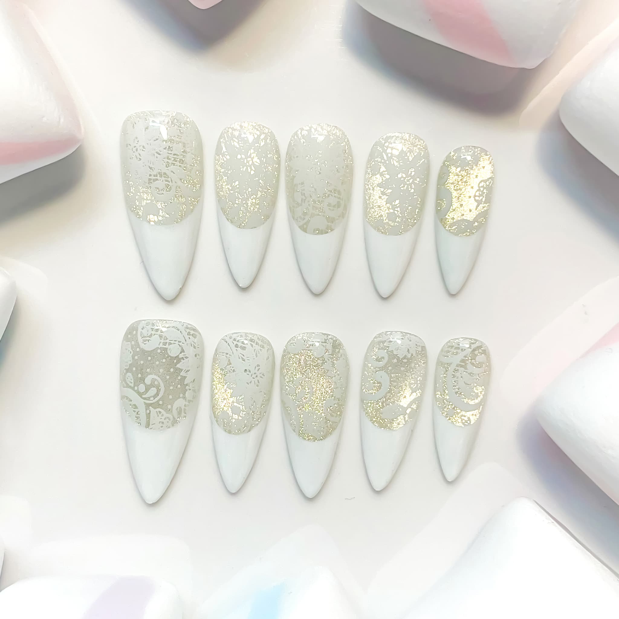 medium length white stiletto press on nails with lace design