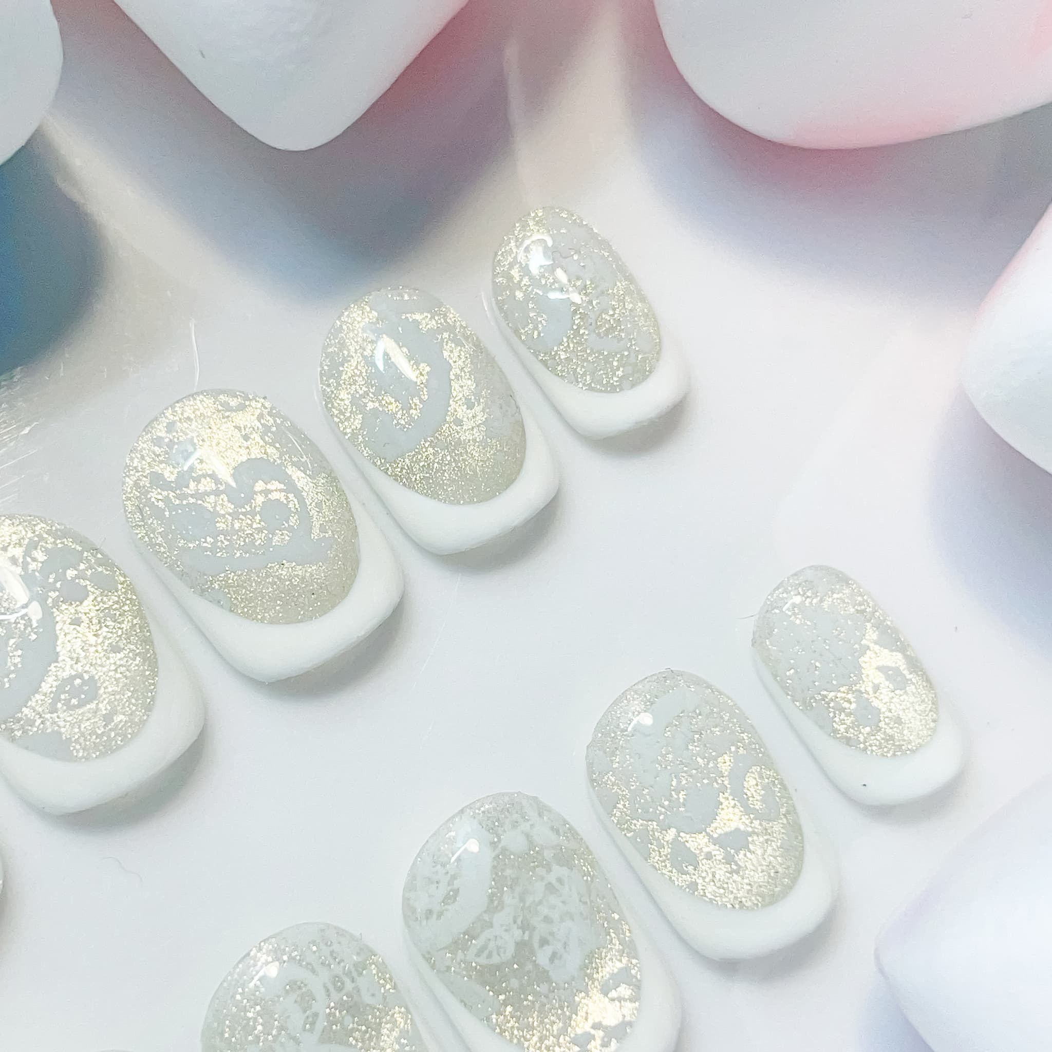 short length white squoval press on nails with lace design
