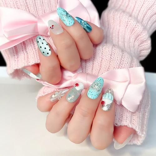 medium length cyan oval press on nails with cherry design