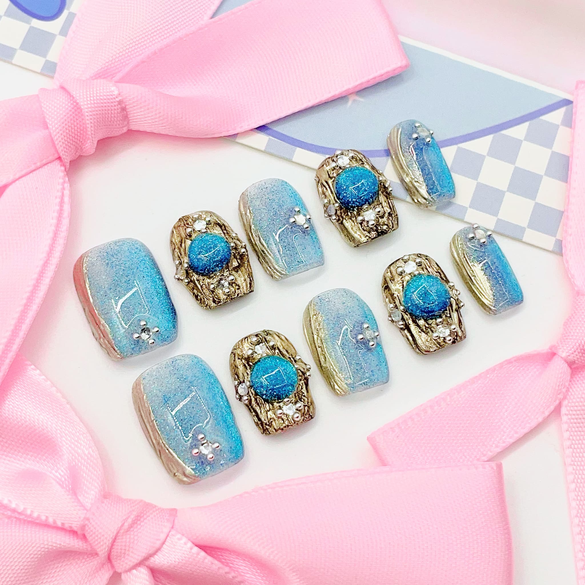 short length cyan square press on nails with elegant design