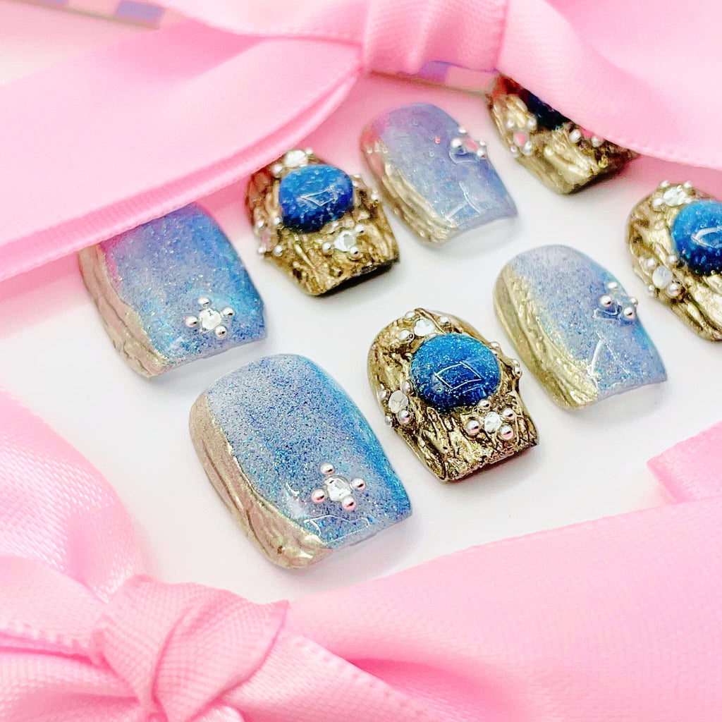 short length cyan square press on nails with elegant design