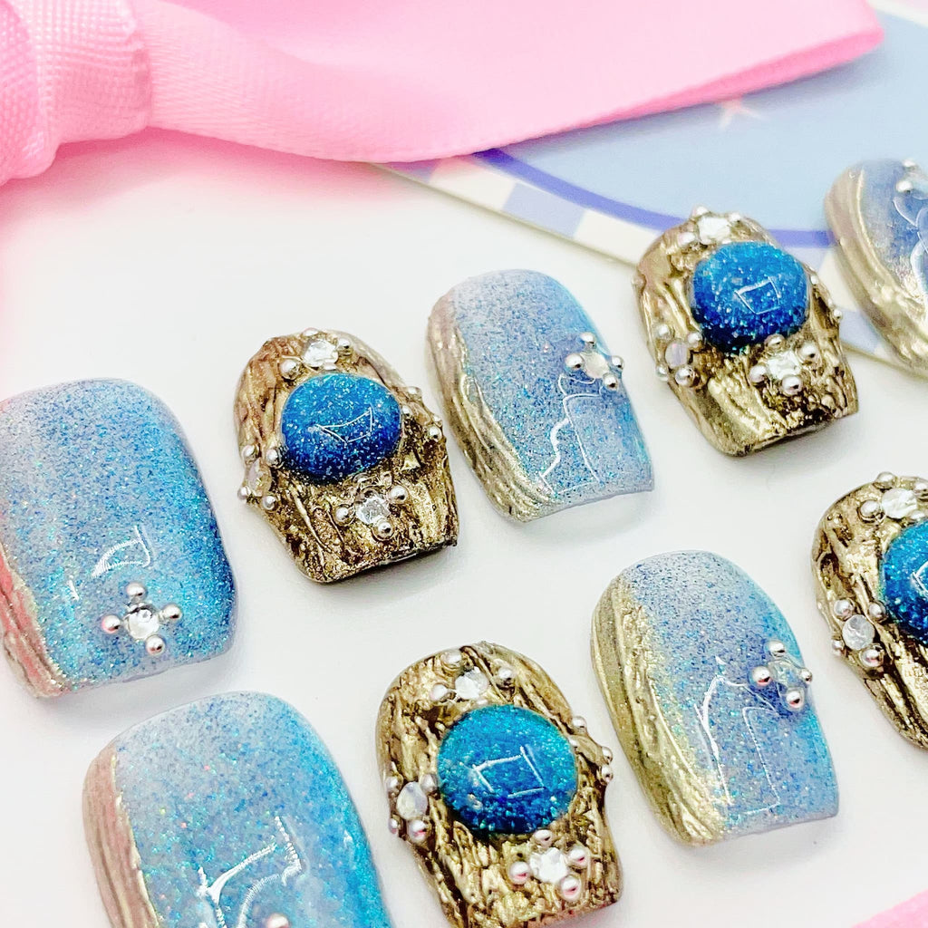 short length cyan square press on nails with elegant design