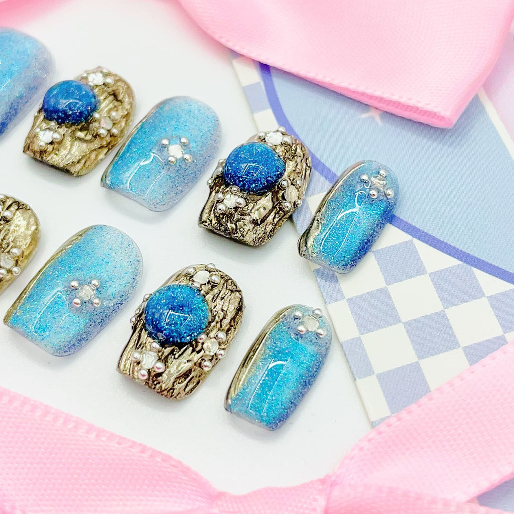 short length cyan square press on nails with elegant design