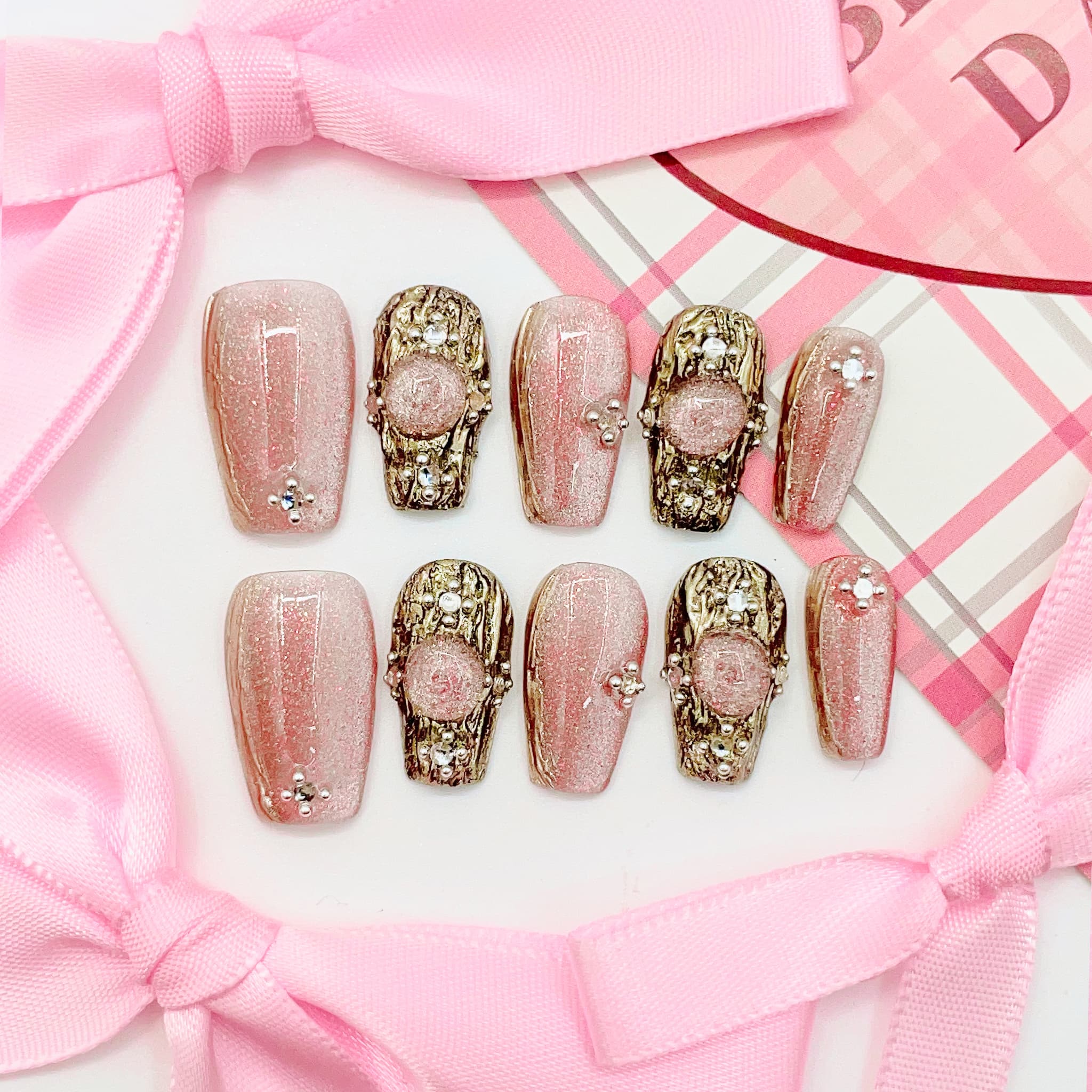 short length light pink coffin press on nails with elegant design