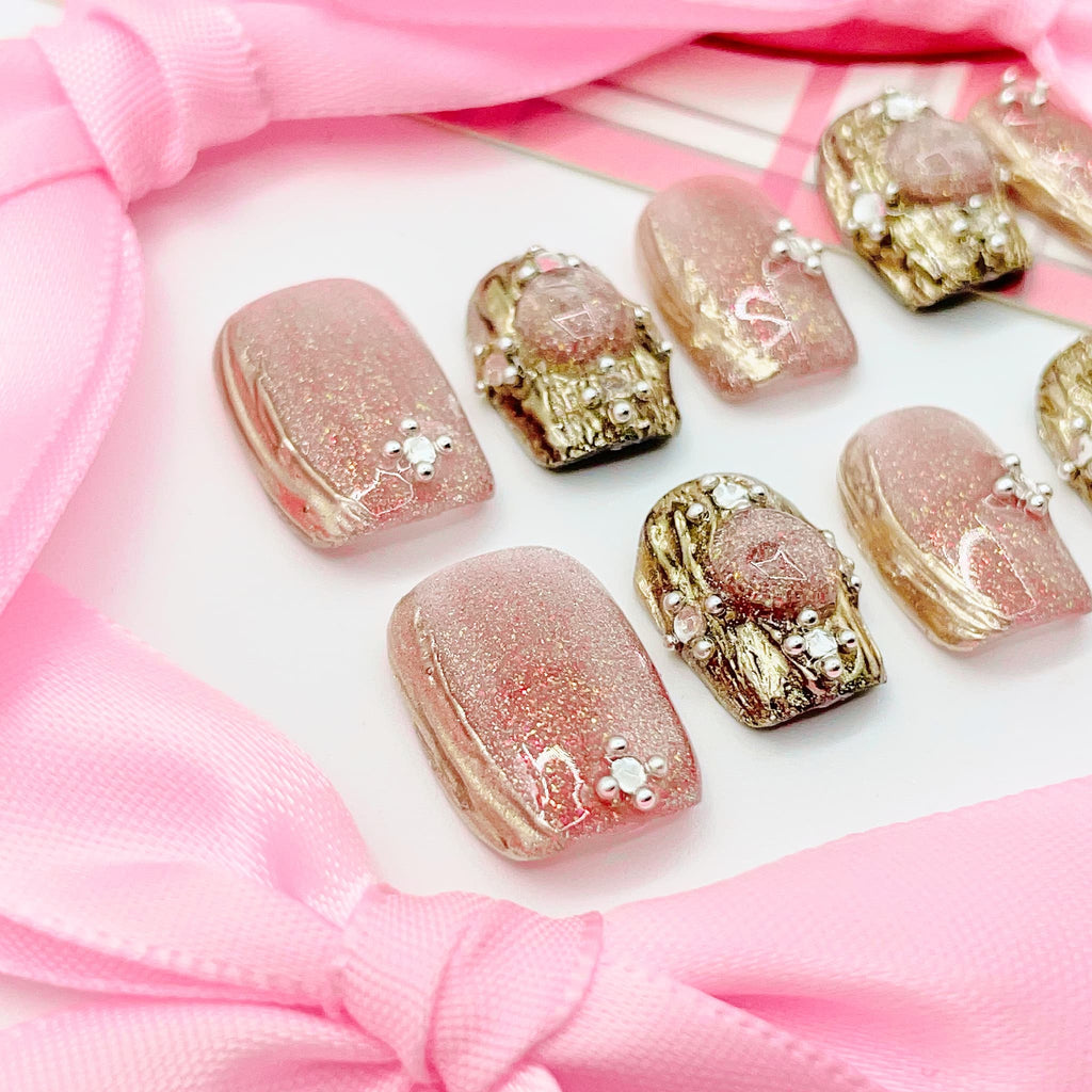 short length light pink square press on nails with elegant design