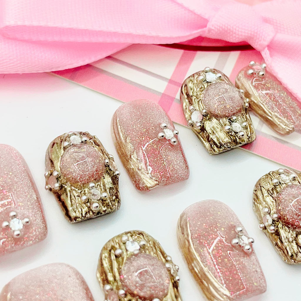 short length light pink square press on nails with elegant design