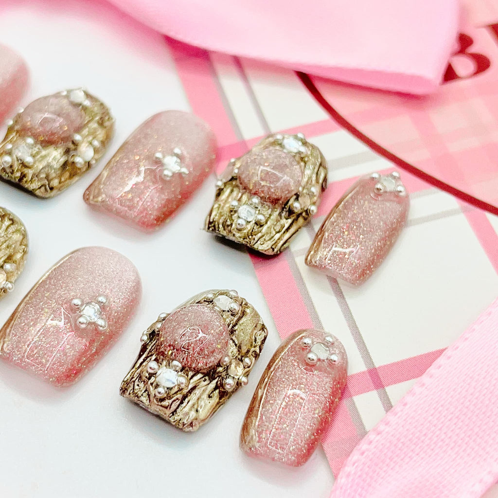 short length light pink square press on nails with elegant design