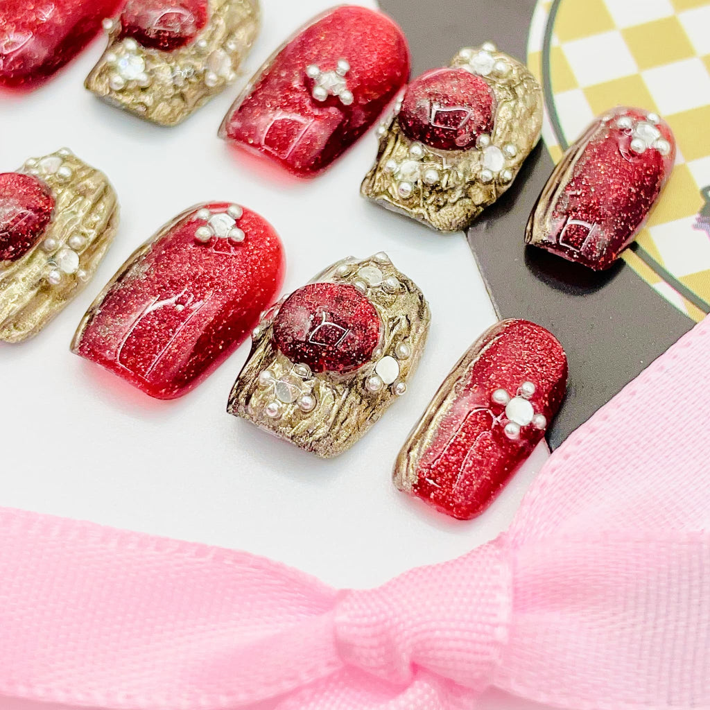 short length red square press on nails with elegant design