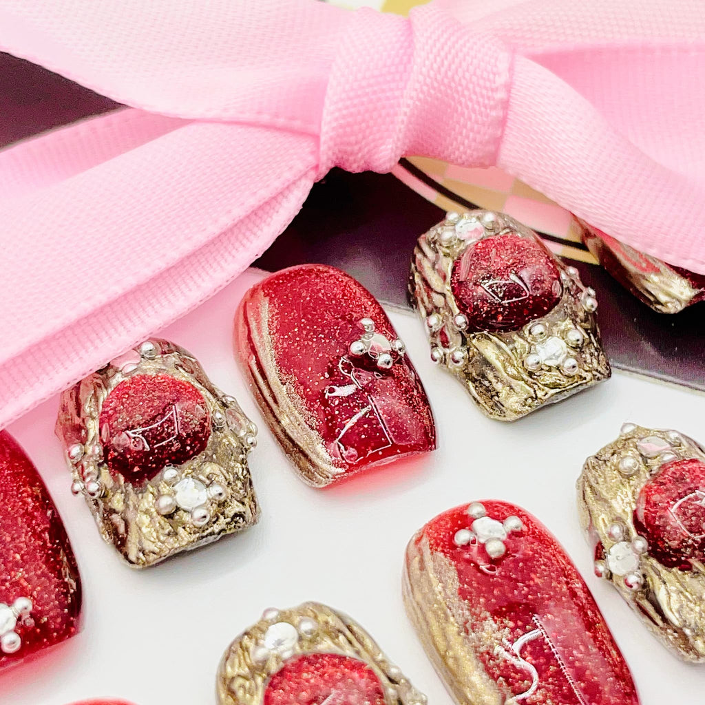 short length red square press on nails with elegant design