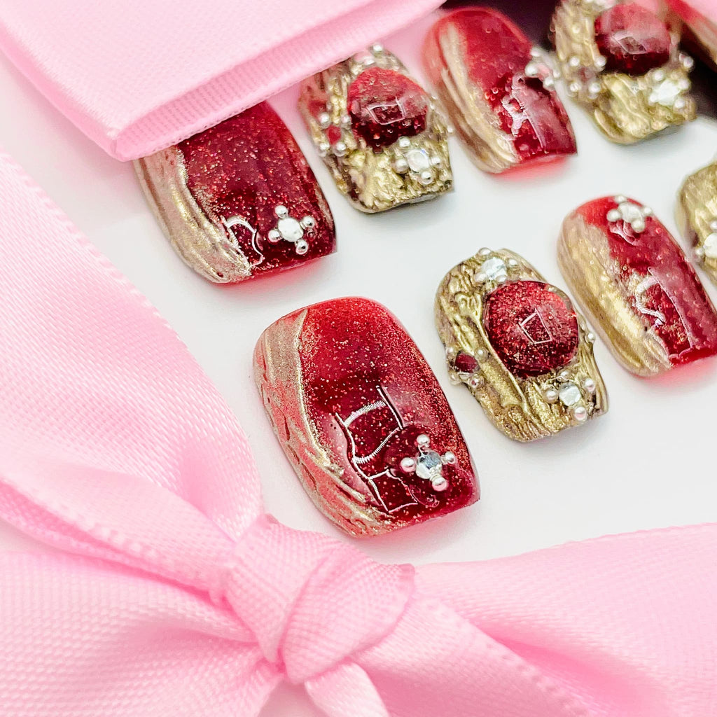 short length red square press on nails with elegant design