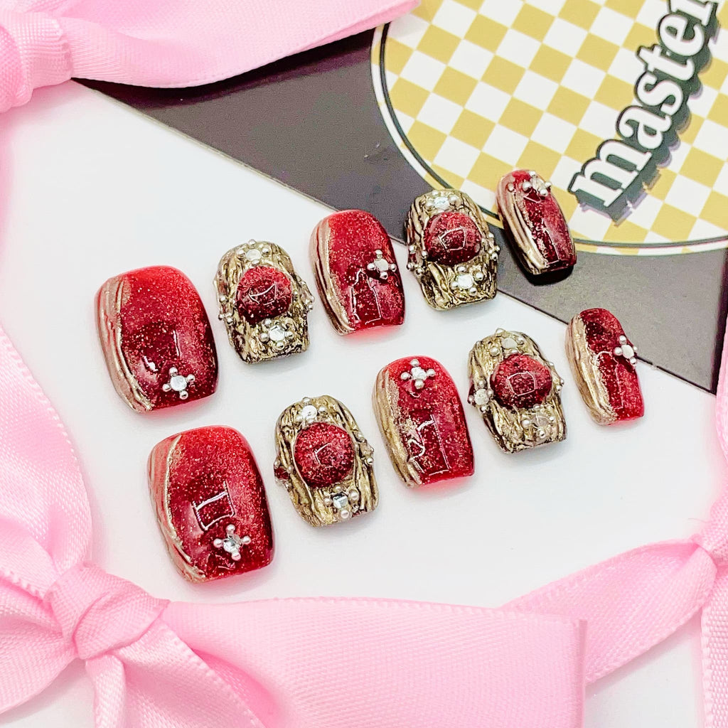 short length red square press on nails with elegant design