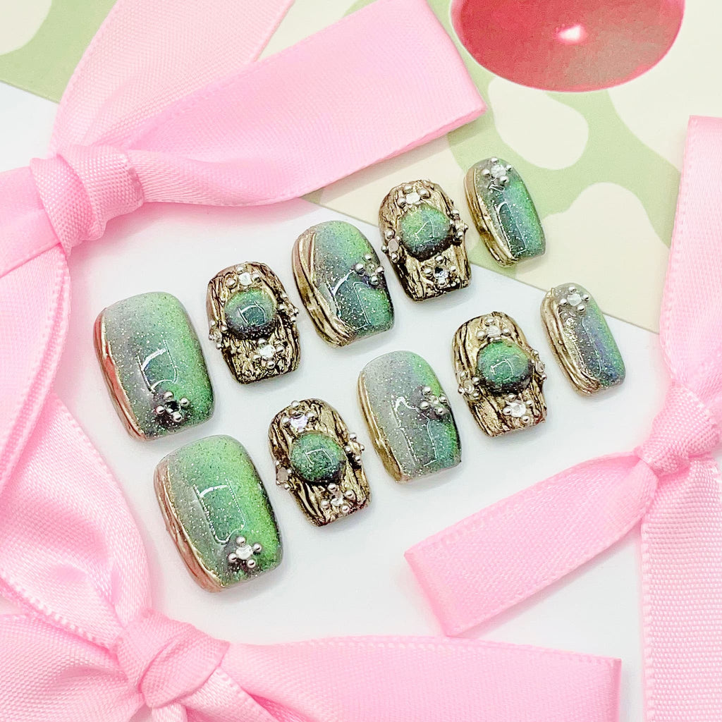 short length spring green square press on nails with elegant design