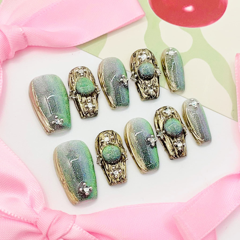 short length spring green square press on nails with elegant design