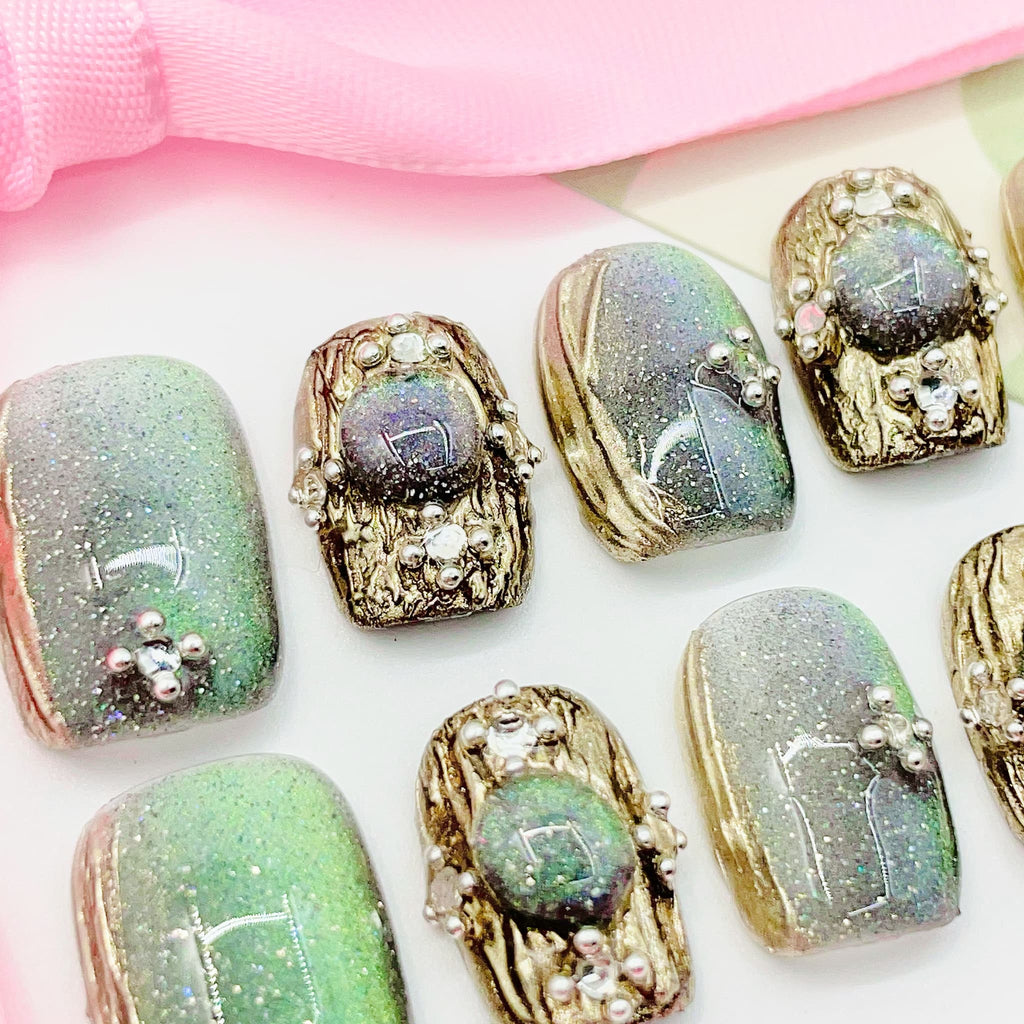 short length spring green square press on nails with elegant design