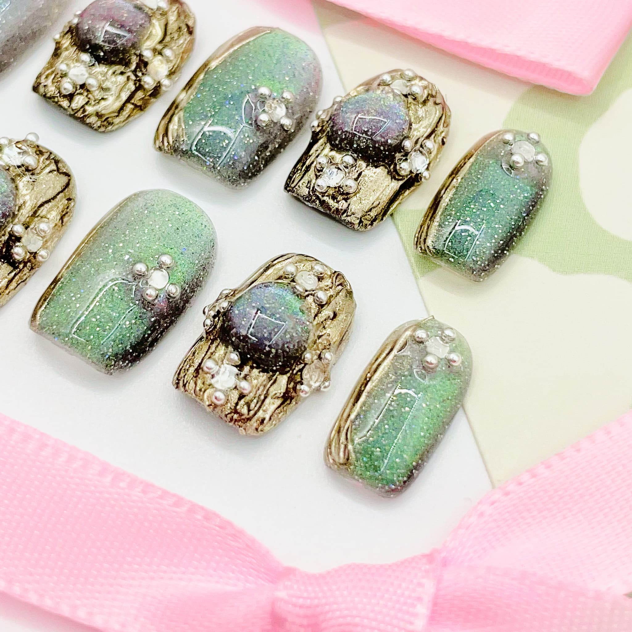 short length spring green square press on nails with elegant design