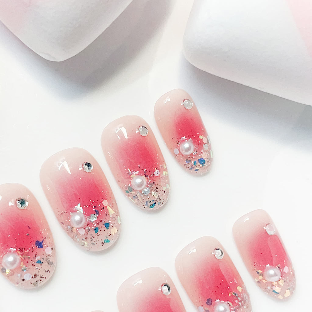 short length hot pink oval press on nails with glitter