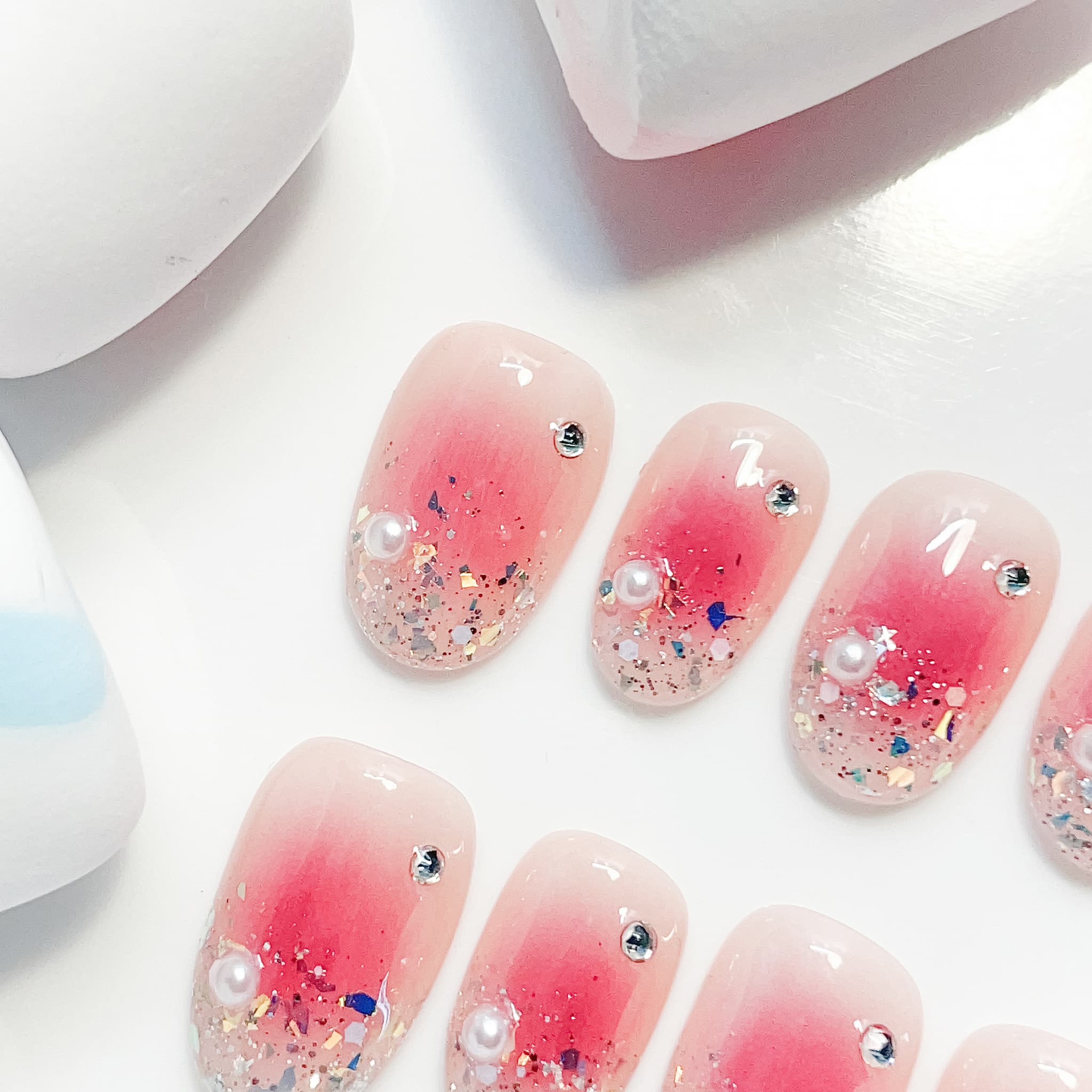short length hot pink oval press on nails with glitter