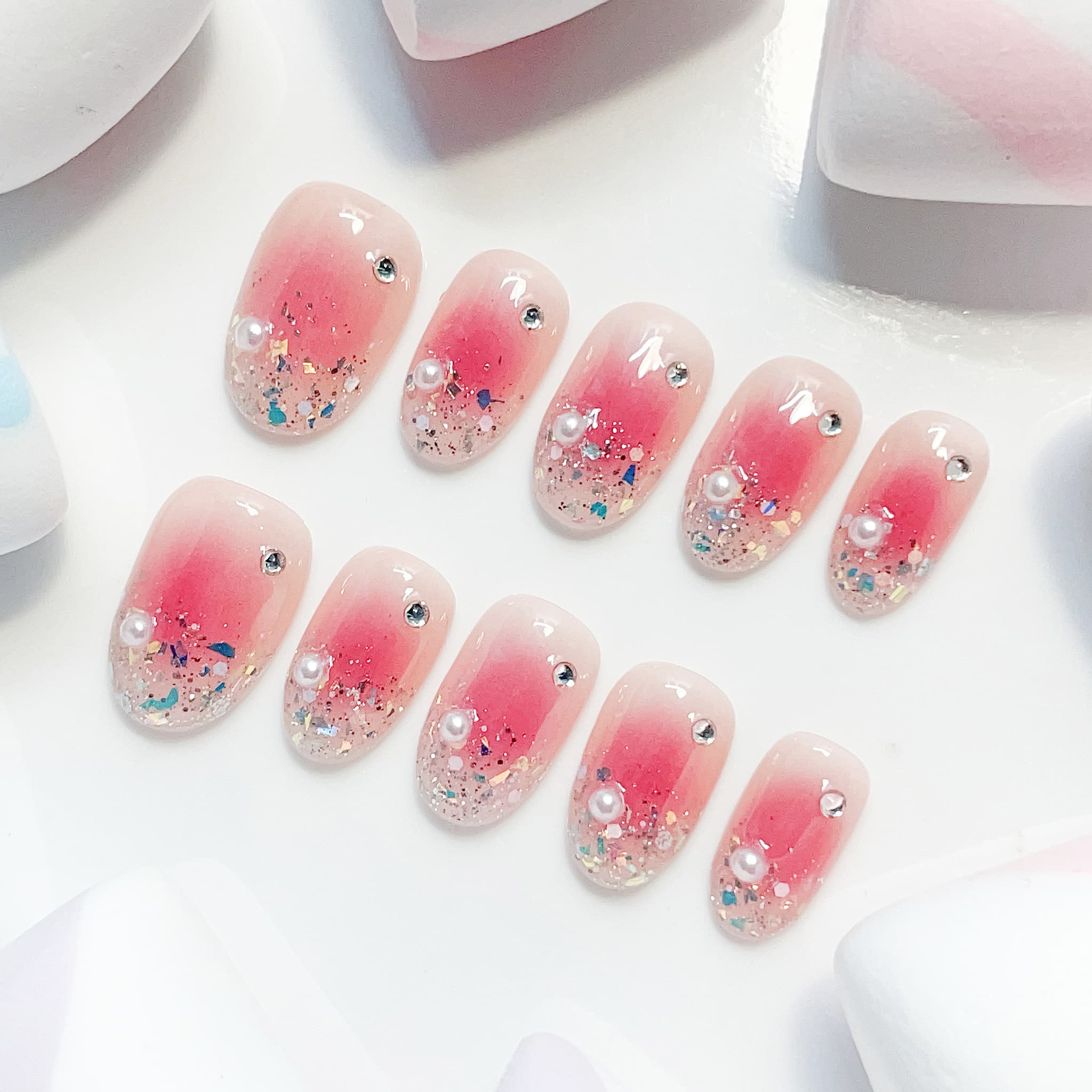 short length hot pink oval press on nails with glitter