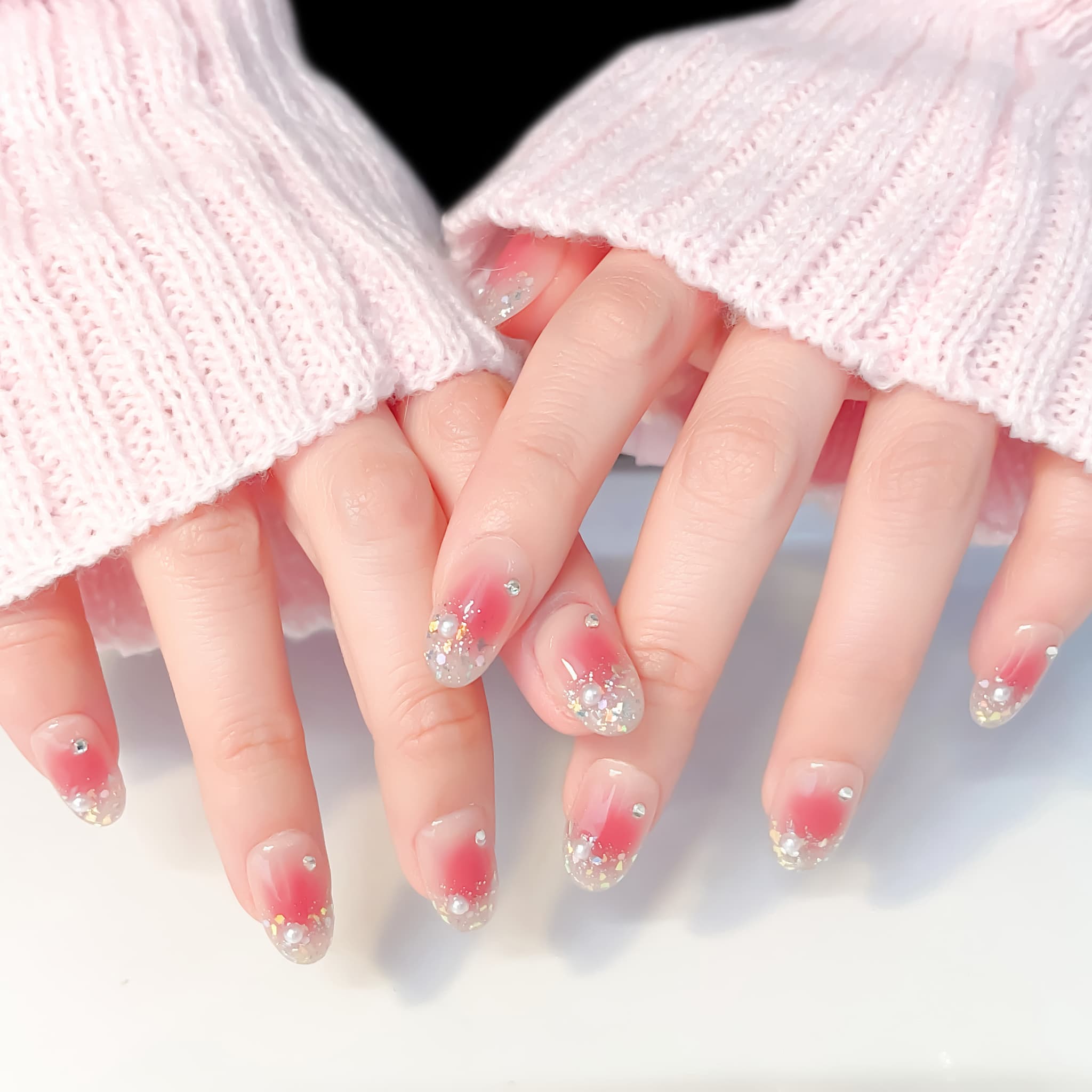 short length hot pink oval press on nails with glitter