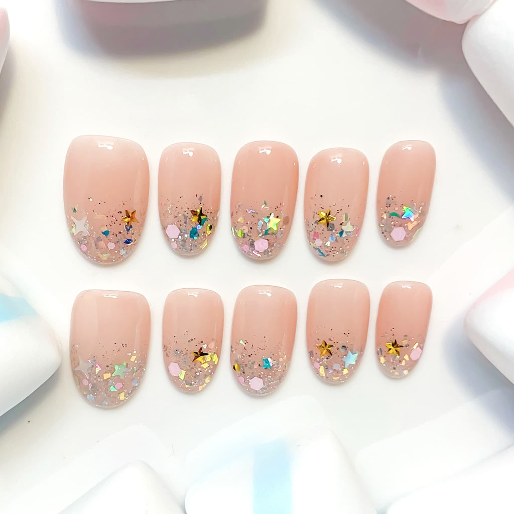 short length peach puff oval press on nails with glitter