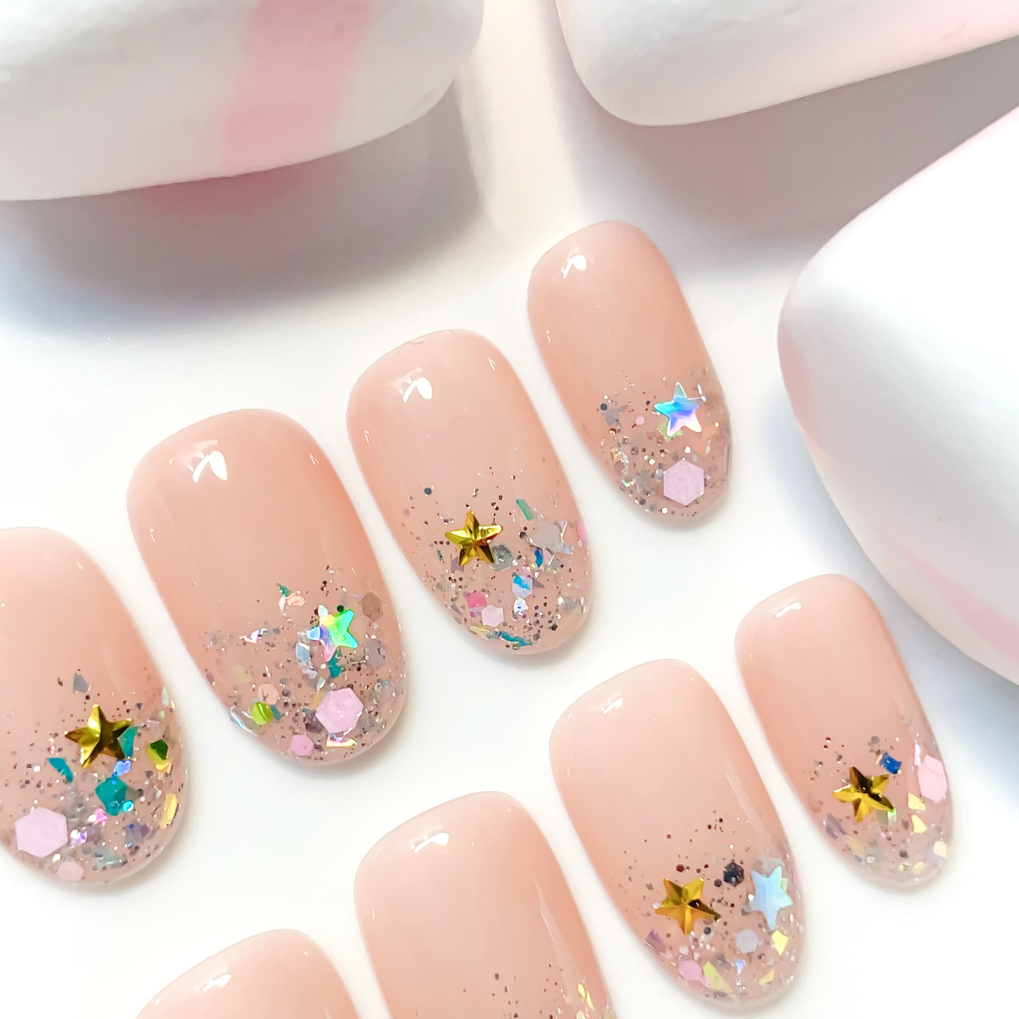 short length peach puff oval press on nails with glitter