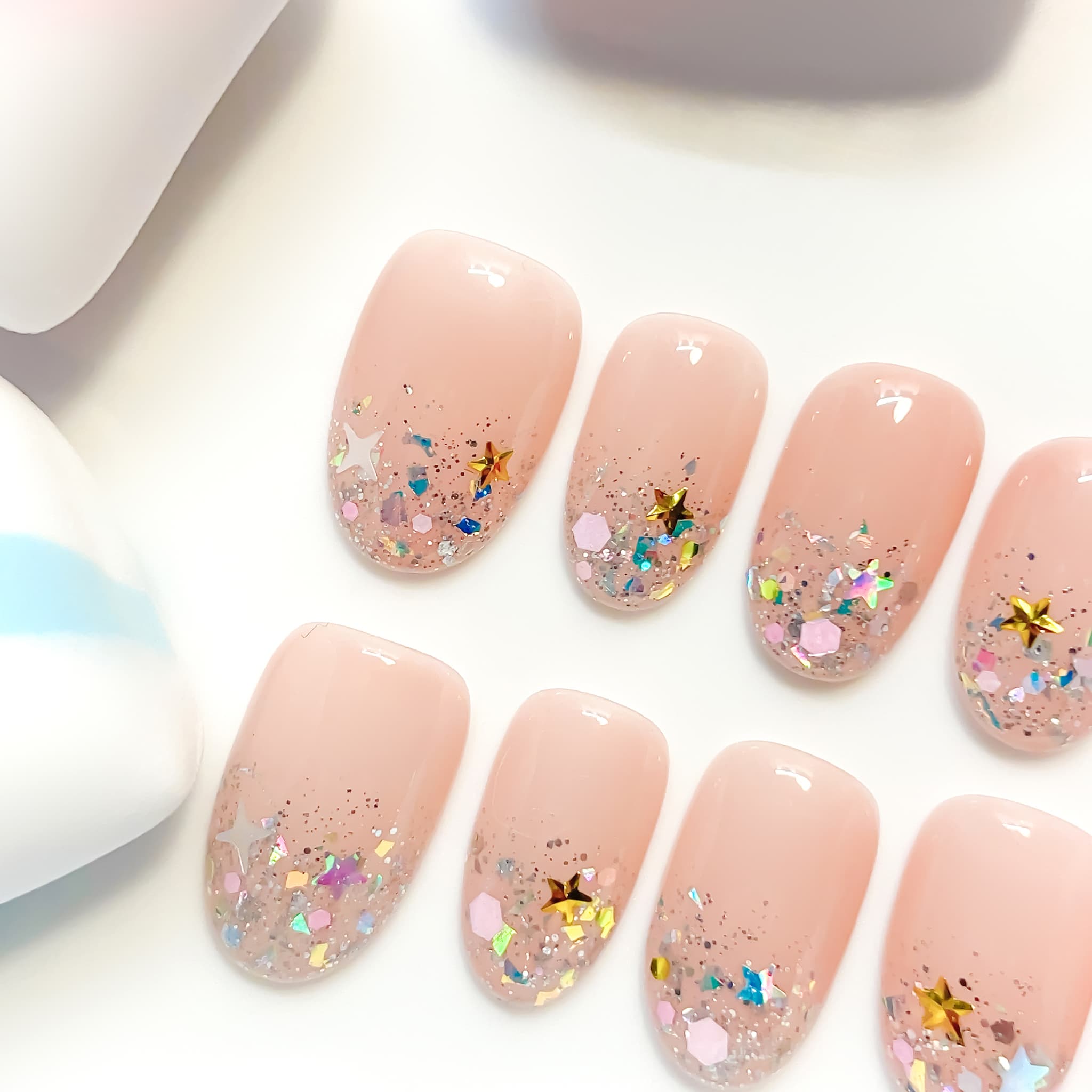 short length peach puff oval press on nails with glitter