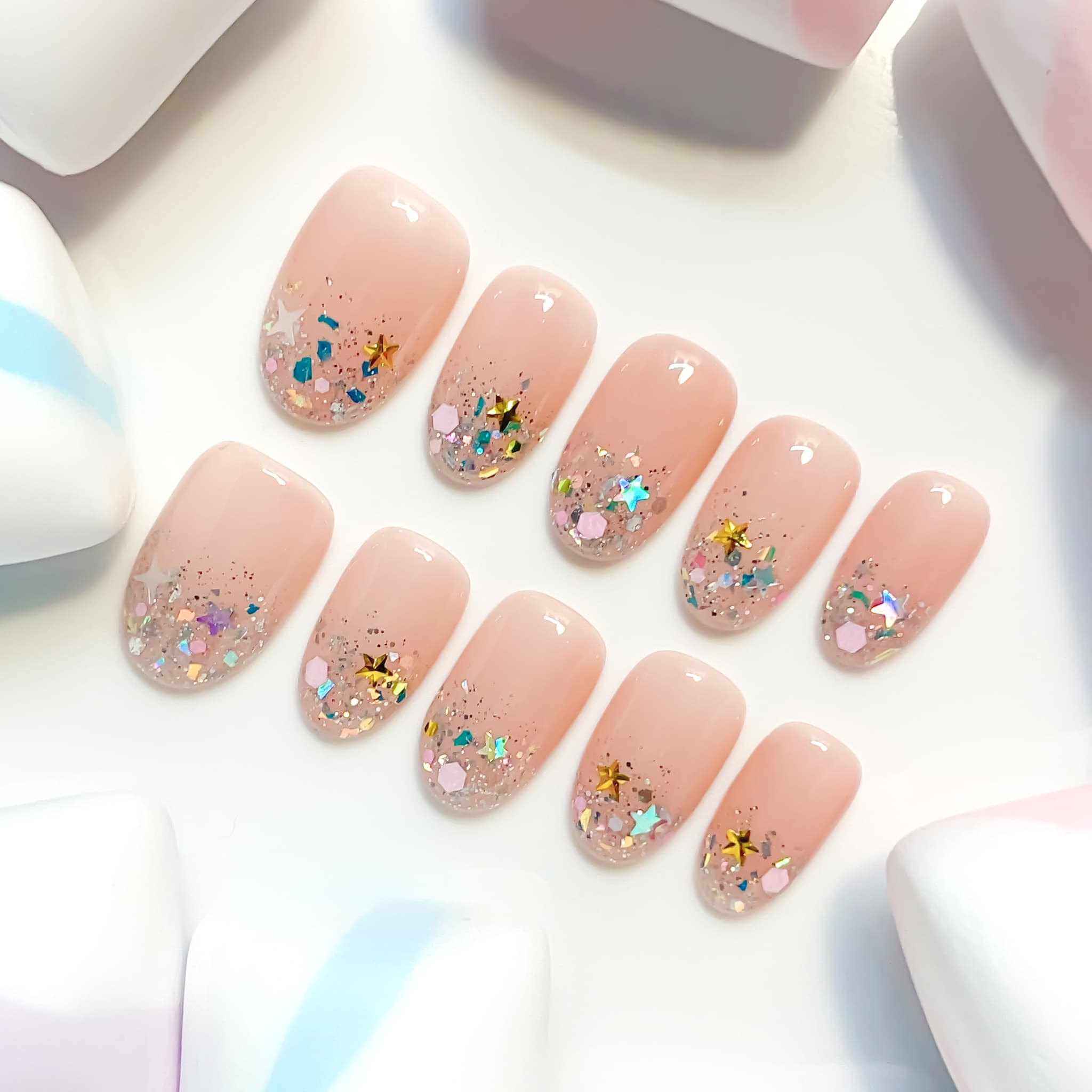 short length peach puff oval press on nails with glitter