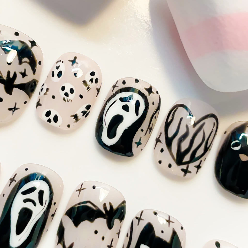 short length black squoval press on nails with halloween and cat design