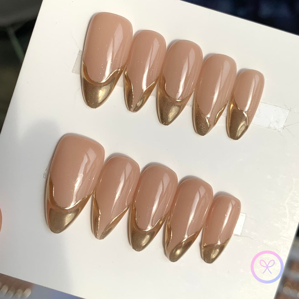 elegant nude glossy medium almond press on nails with french tips