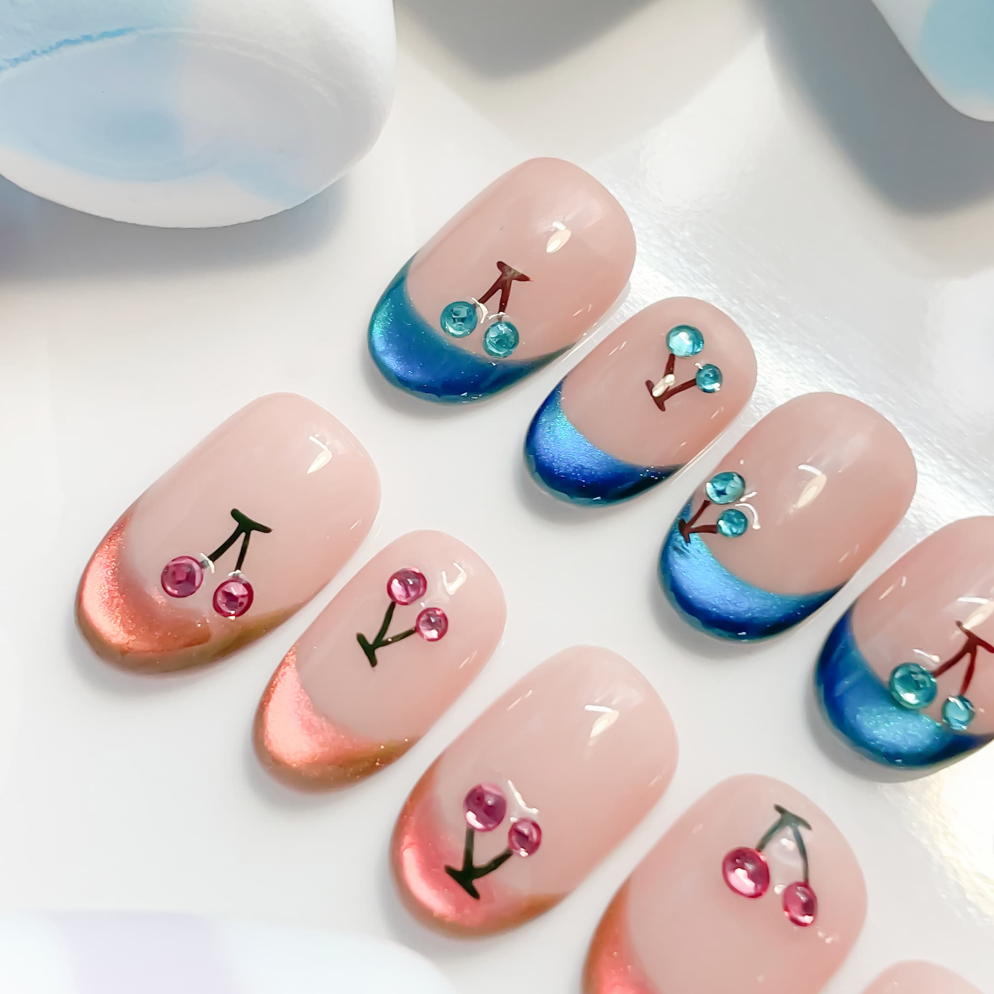 short length turquoise oval press on nails with two colour and cherries