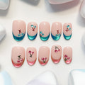 short length turquoise oval press on nails with two colour and cherries