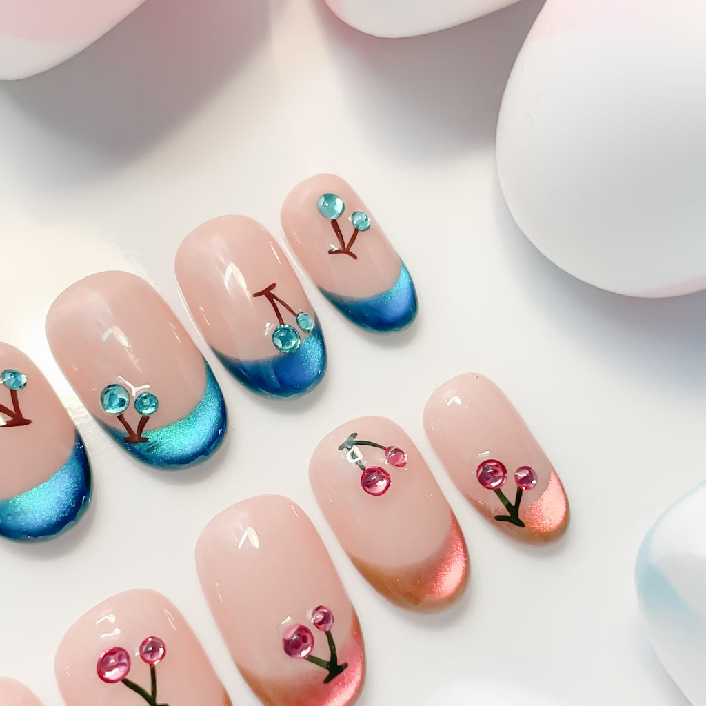 short length turquoise oval press on nails with two colour and cherries
